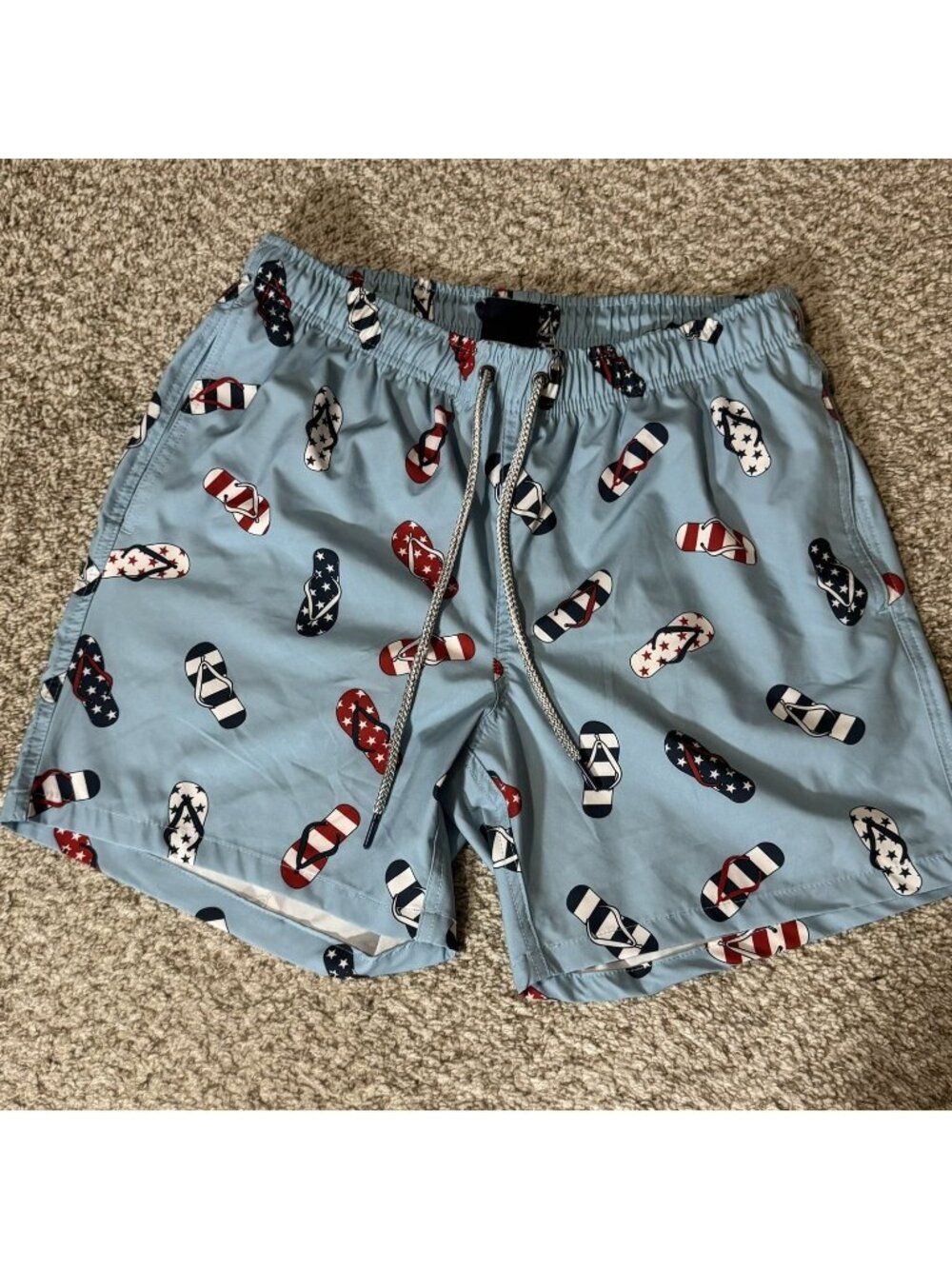 RAINFOREST Swim Trunks Board Shorts Men's Small Blue Flip Flop Print Patriotic